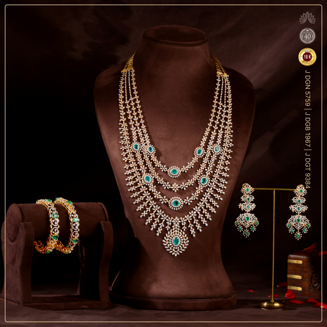 Diamond Emerald 4-Layered Bridal Necklace Set with Matching Bangles Earrings