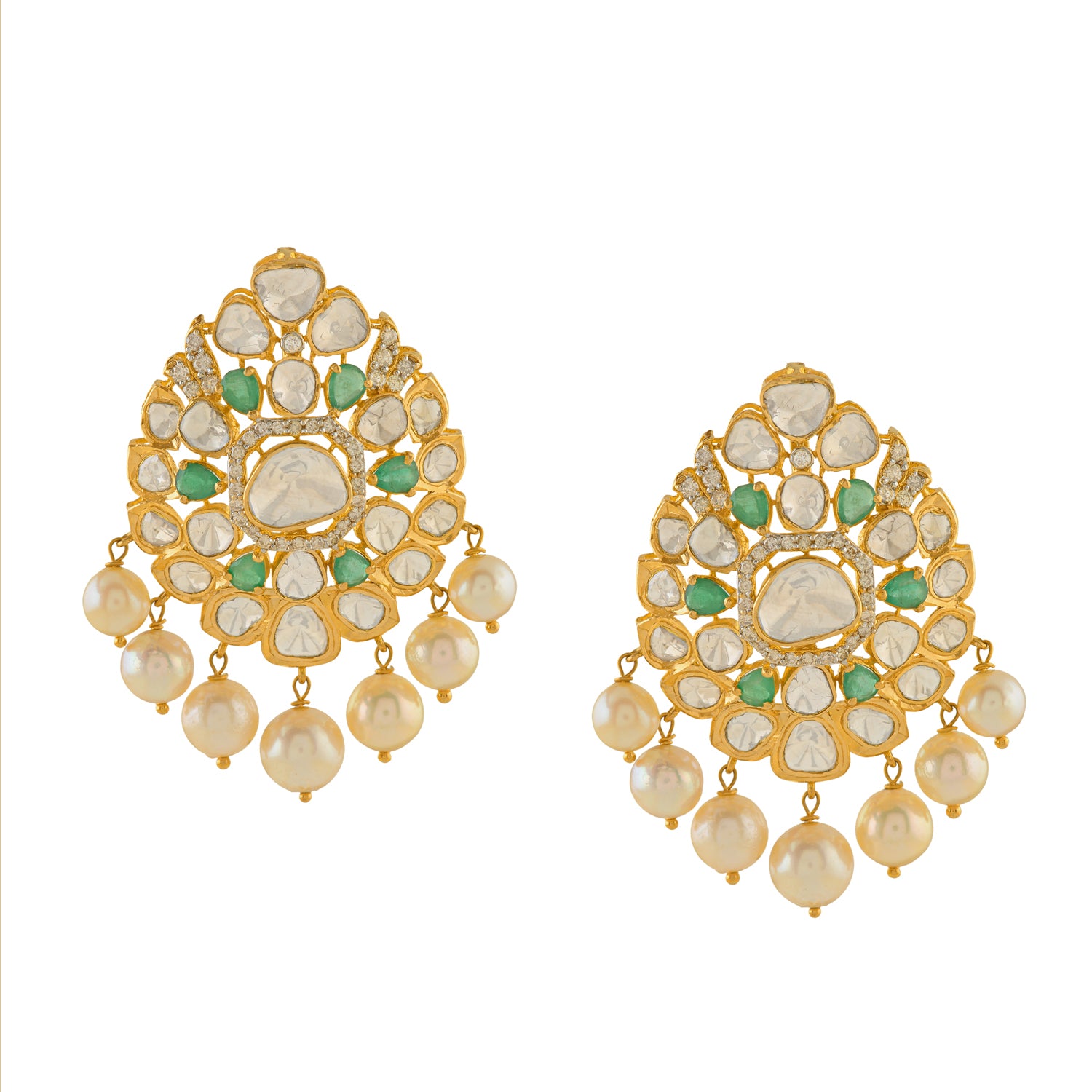 Polki Dangle Earrings With Hanging Pearls - Krishna Jewellers Pearls and Gems