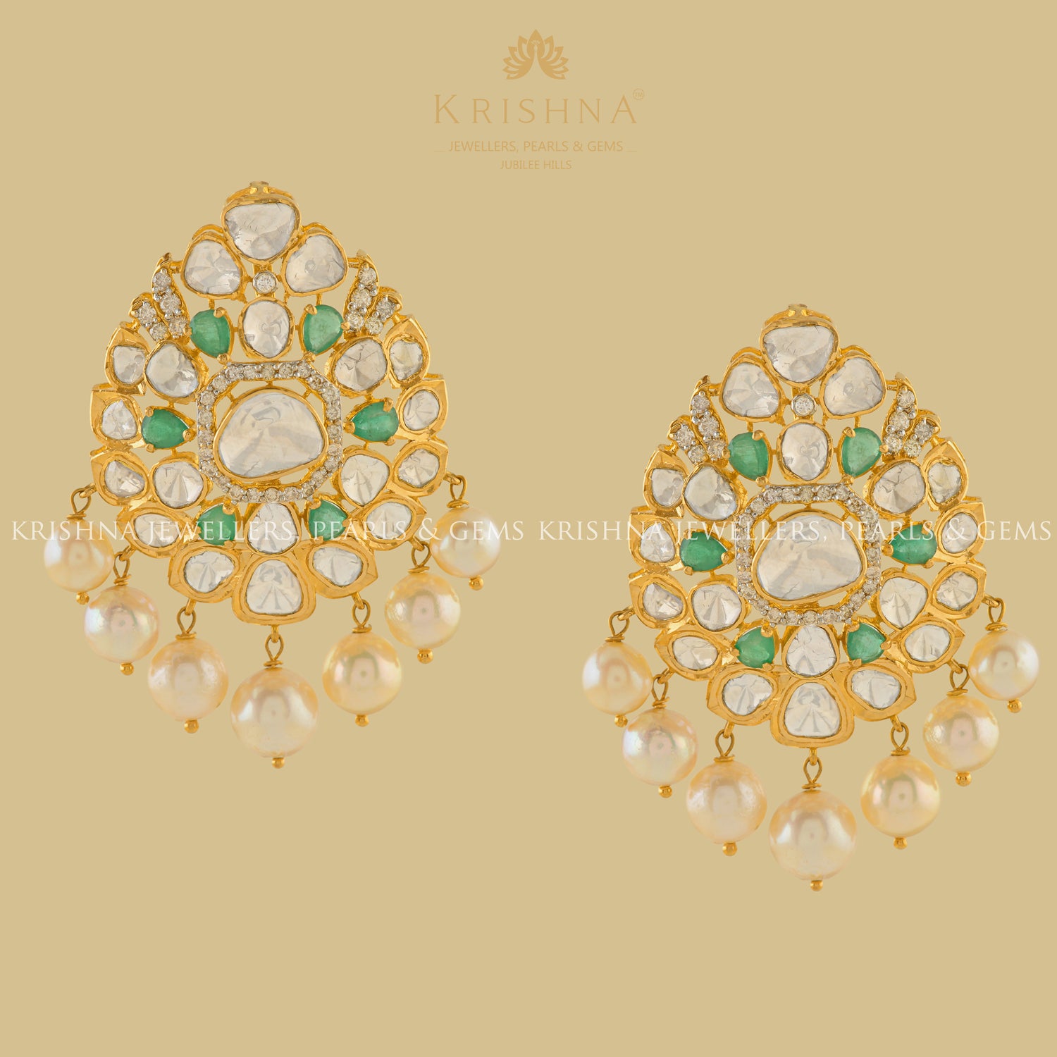 Polki Dangle Earrings With Hanging Pearls - Krishna Jewellers Pearls and Gems
