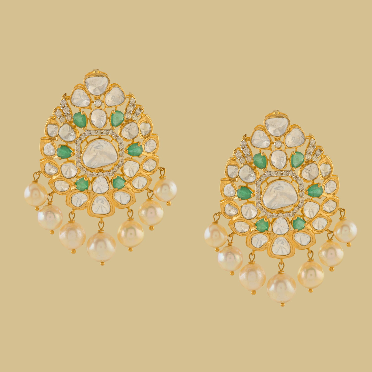 Polki Dangle Earrings With Hanging Pearls - Krishna Jewellers Pearls and Gems