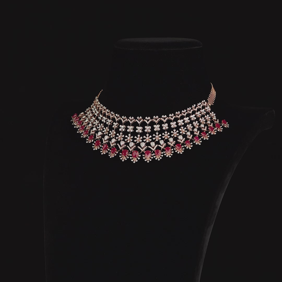 Flower pattern diamond ruby choker