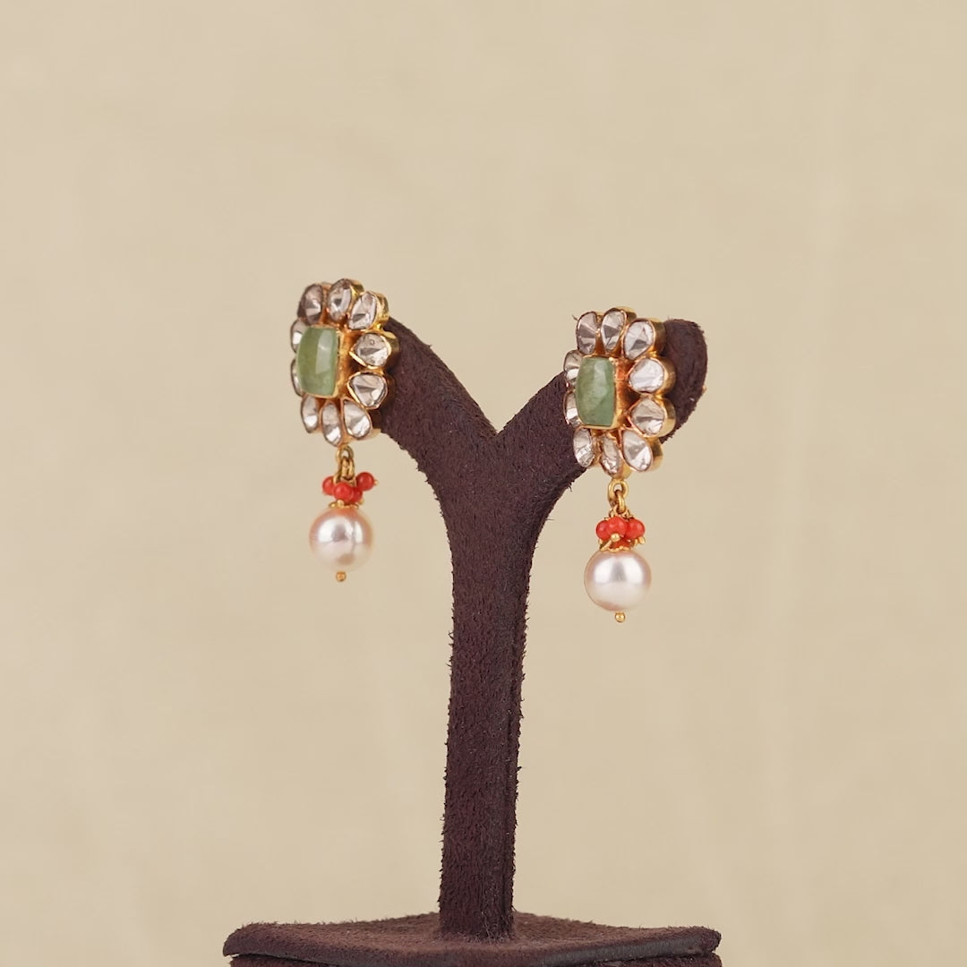 22K Gold Coral Emerald Pearl Earrings
