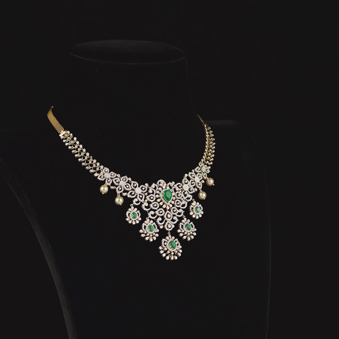 18k Diamond Emeralds and Pearls Necklace