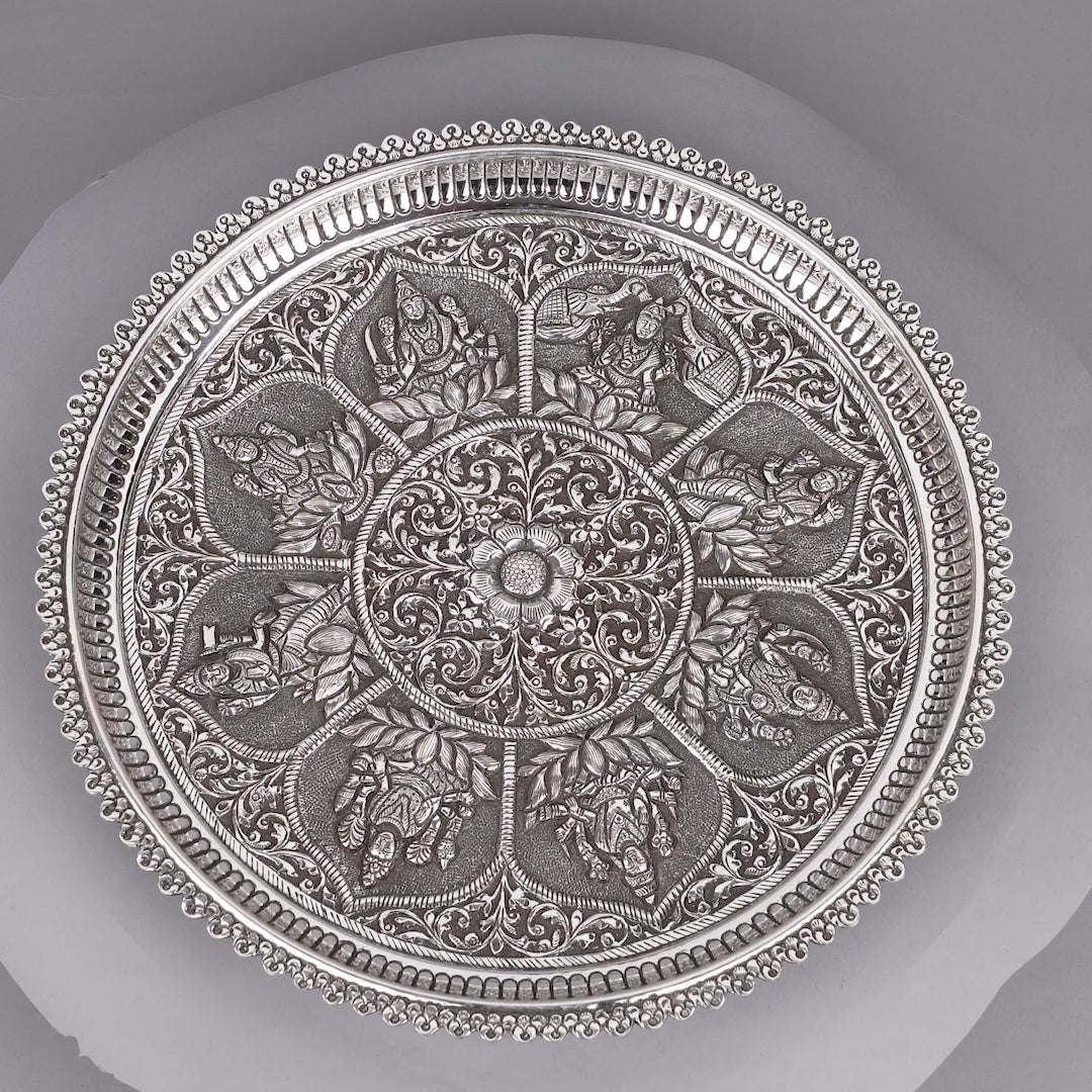 Silver Floral Antique Pooja Plate