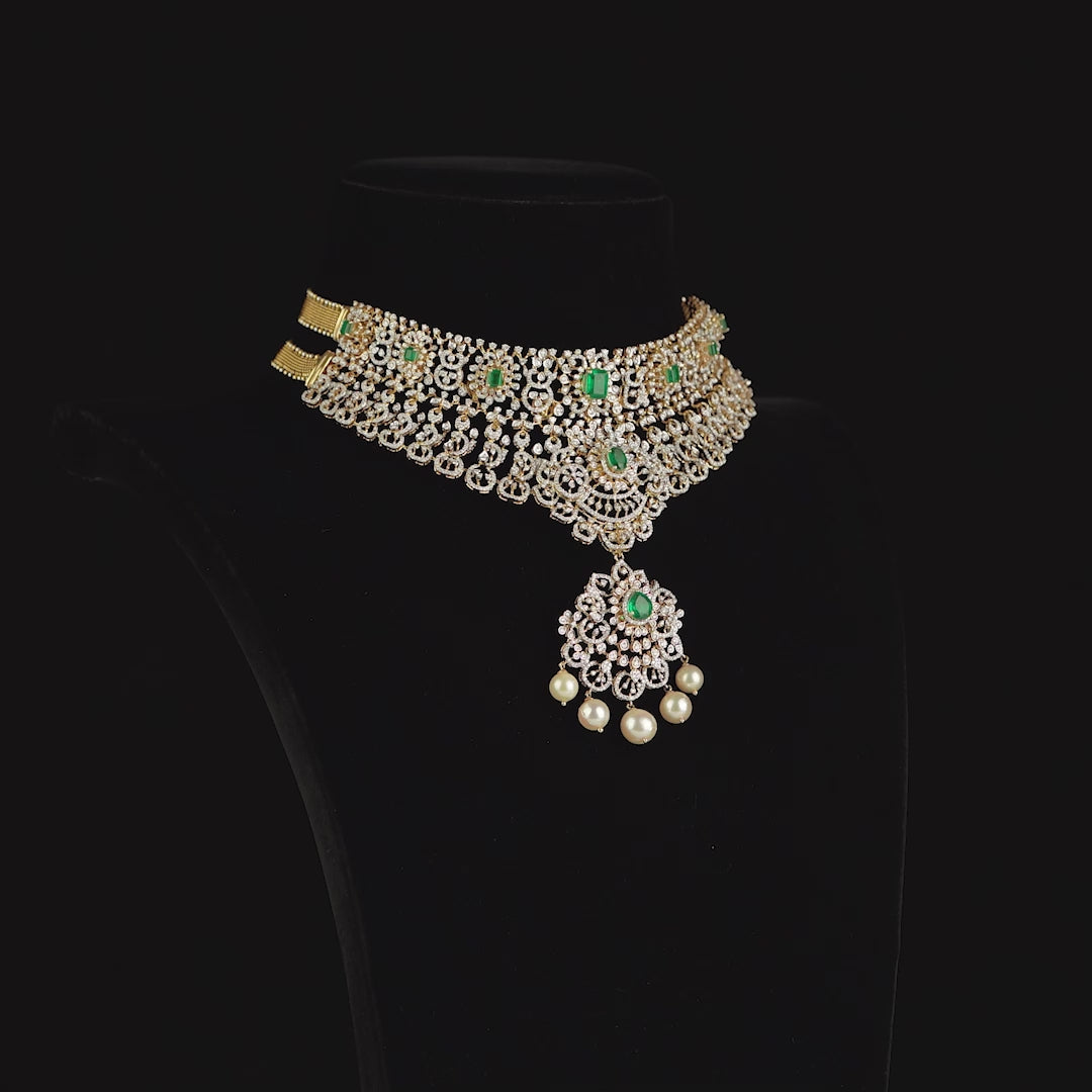 Latest Diamond Emerald Pearls Choker