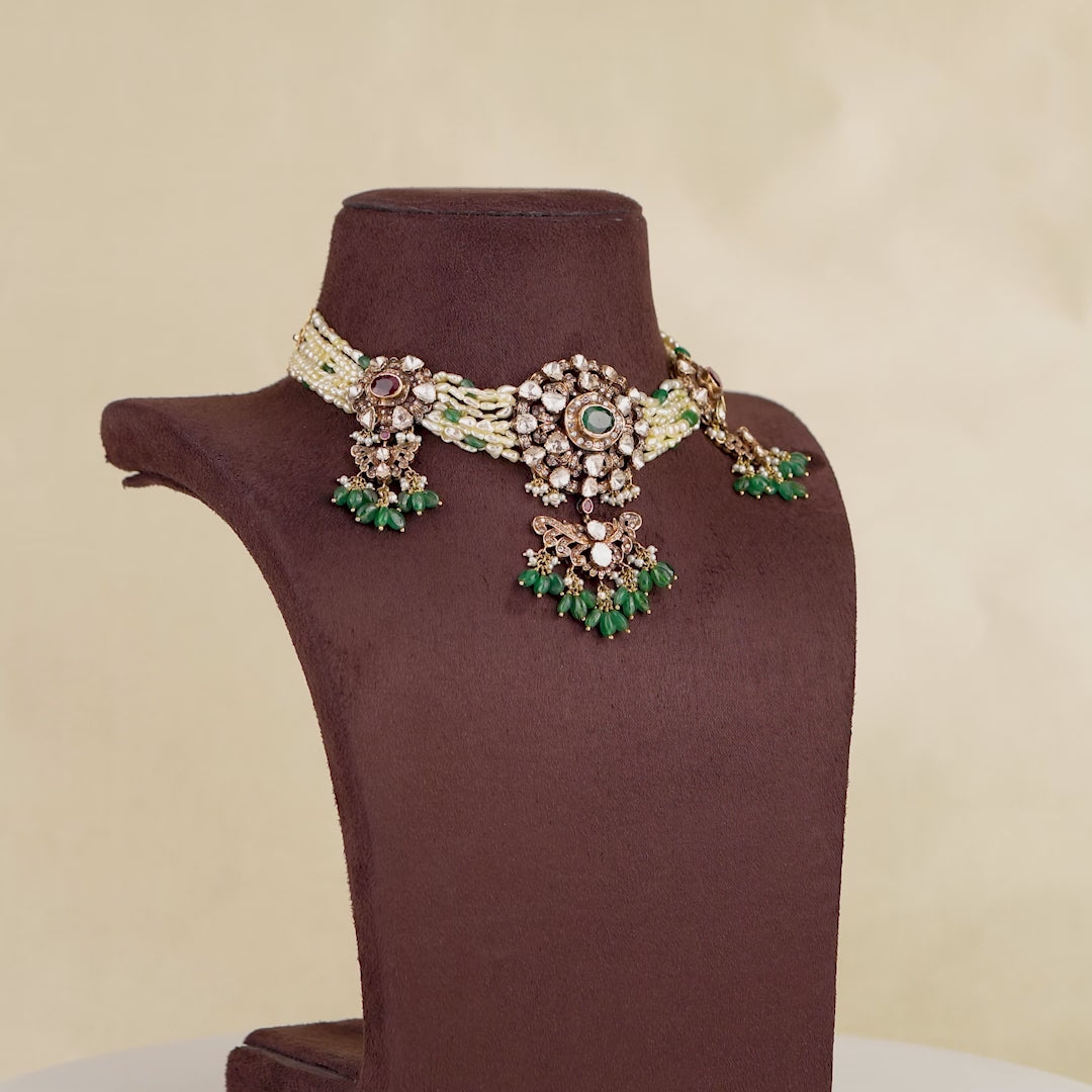18k Victorian Polki Emerald Pearl Choker
