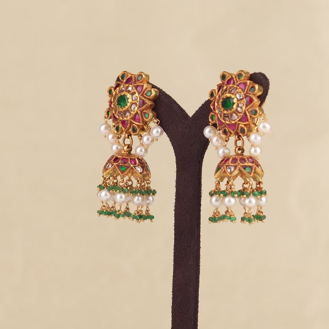Gold Kundan Ruby Polki Jhumka Earrings