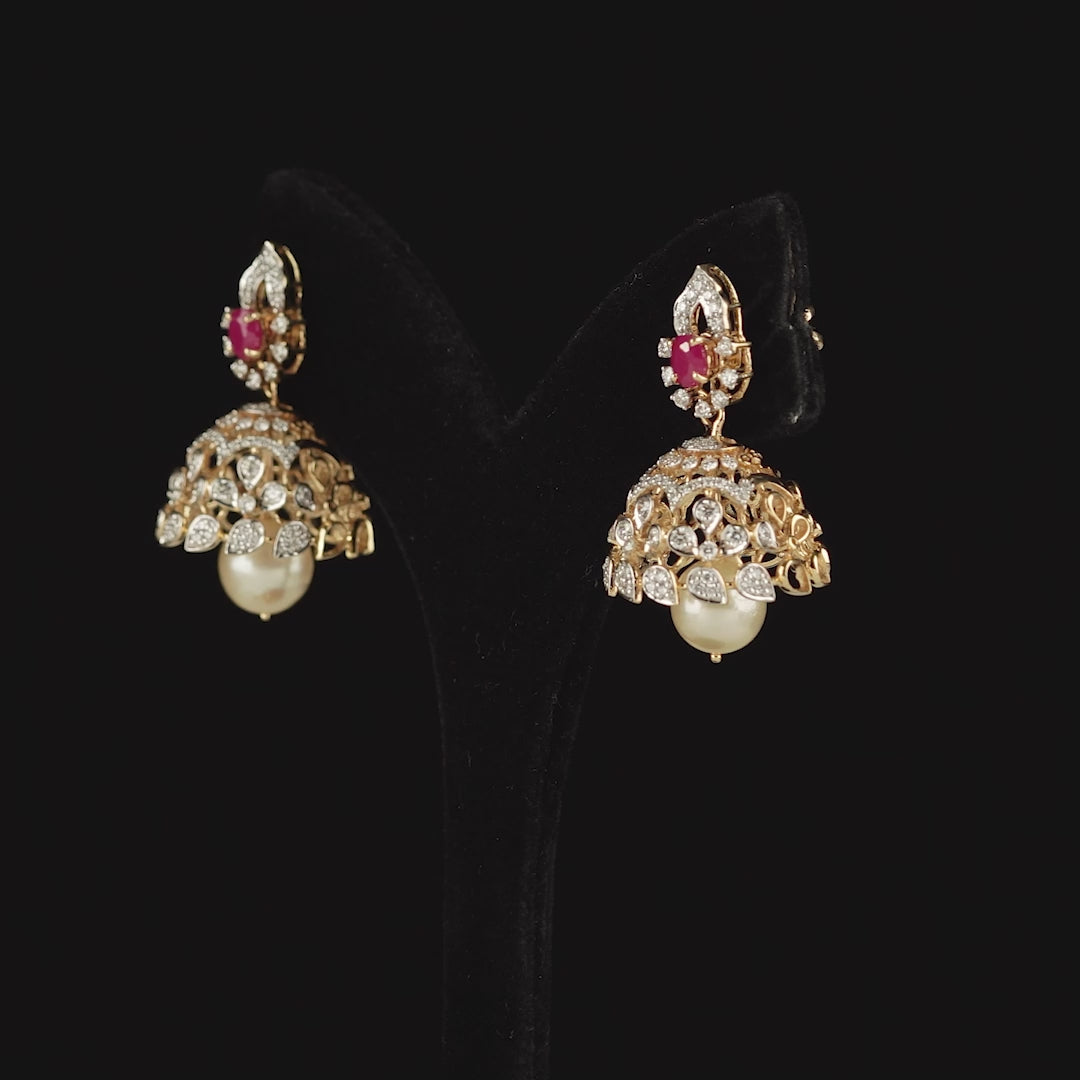 Diamond Jhumka Earrings with Pearl Drops