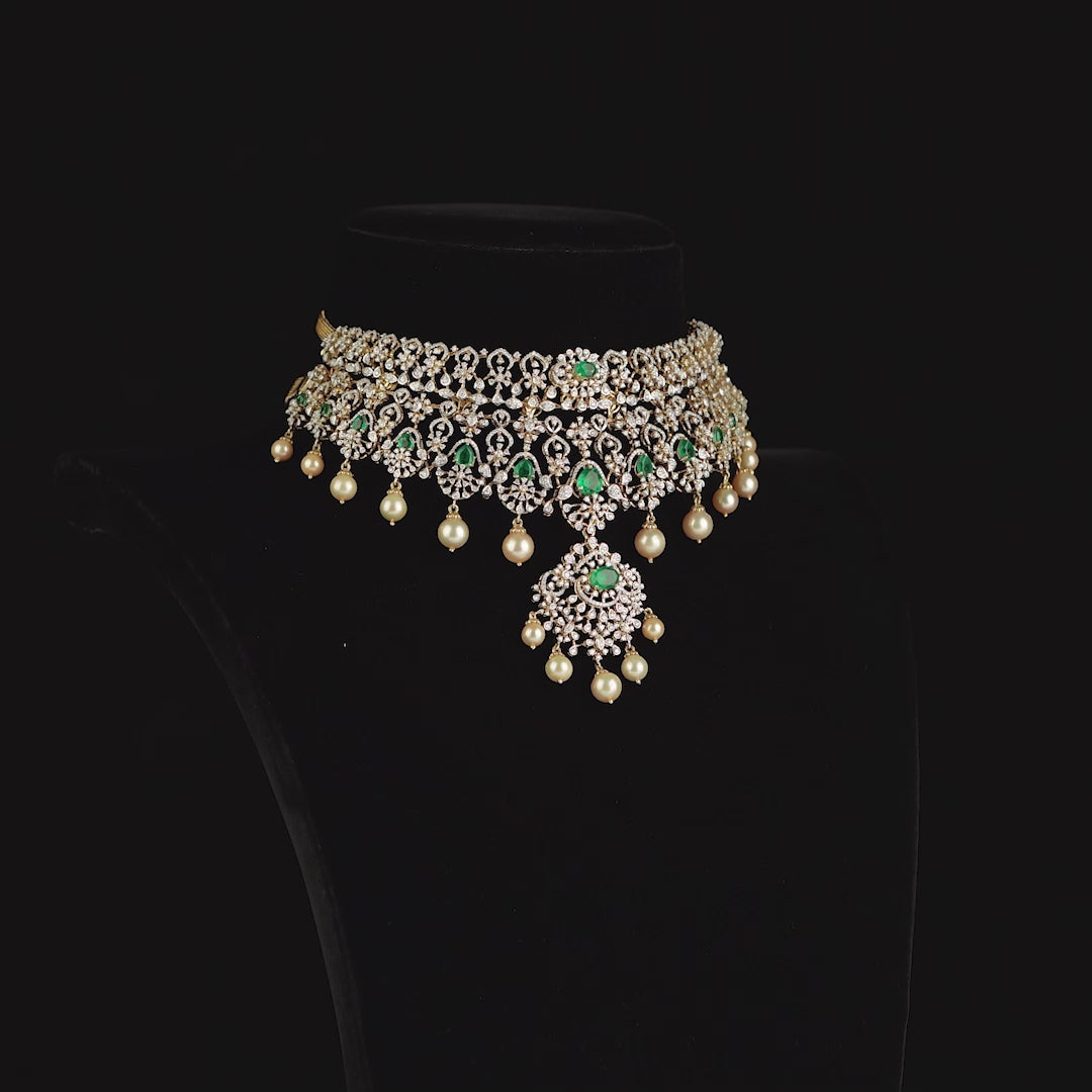 Diamond Emerald Pearl Choker Necklace