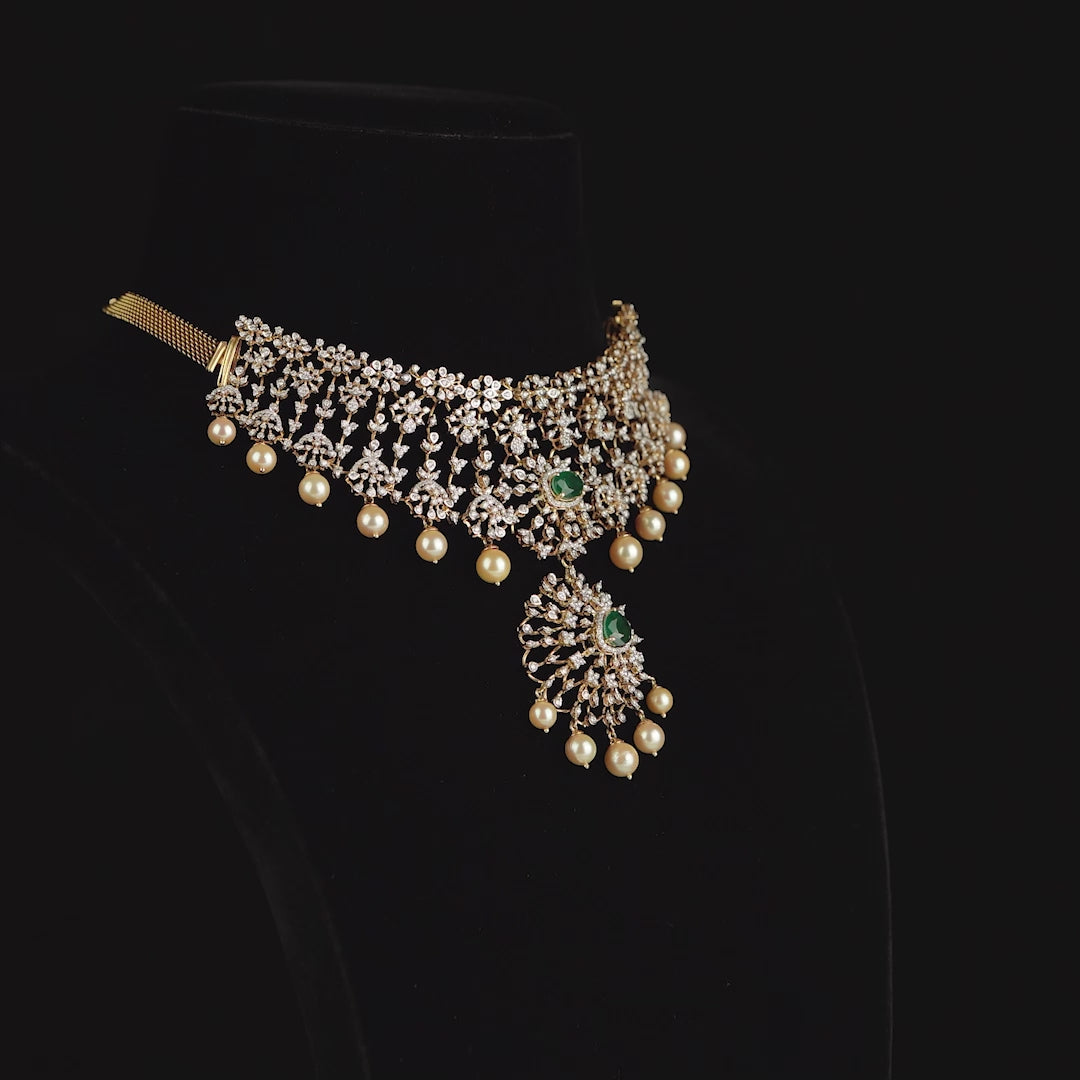 Floral Diamond Pearl Choker with hanging pendent