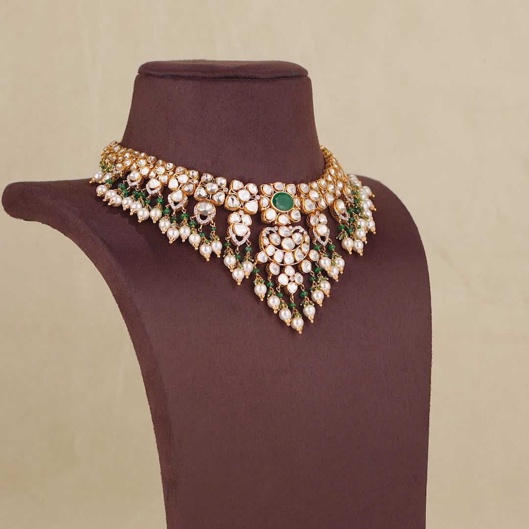 22k Gold Polki Emerald Pearl Necklace