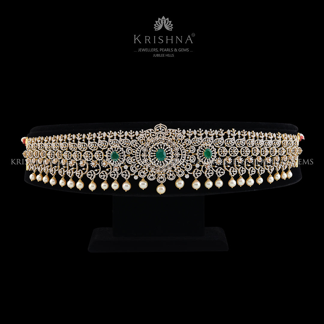 Emerald Tinged Diamond Vaddanam - Krishna Jewellers Pearls and Gems