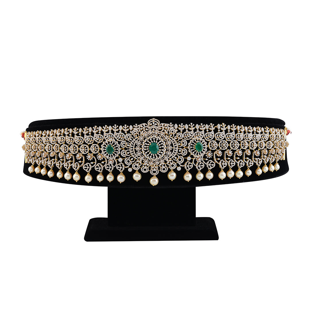 Emerald Tinged Diamond Vaddanam - Krishna Jewellers Pearls and Gems