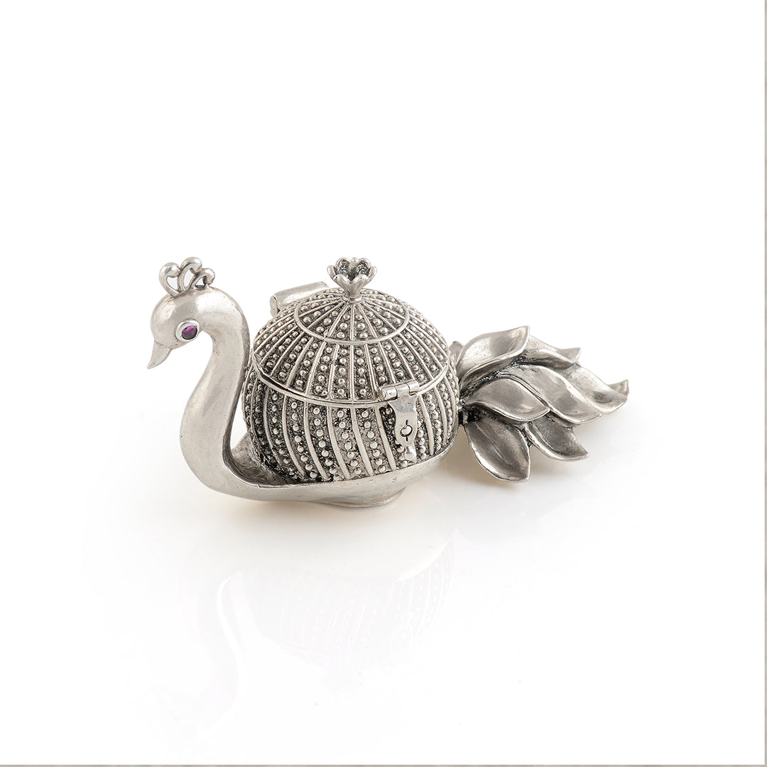 Silver KumKum Box With Peacock theme - Krishna Jewellers Pearls and Gems