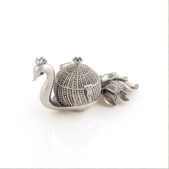 Silver KumKum Box With Peacock theme - Krishna Jewellers Pearls and Gems