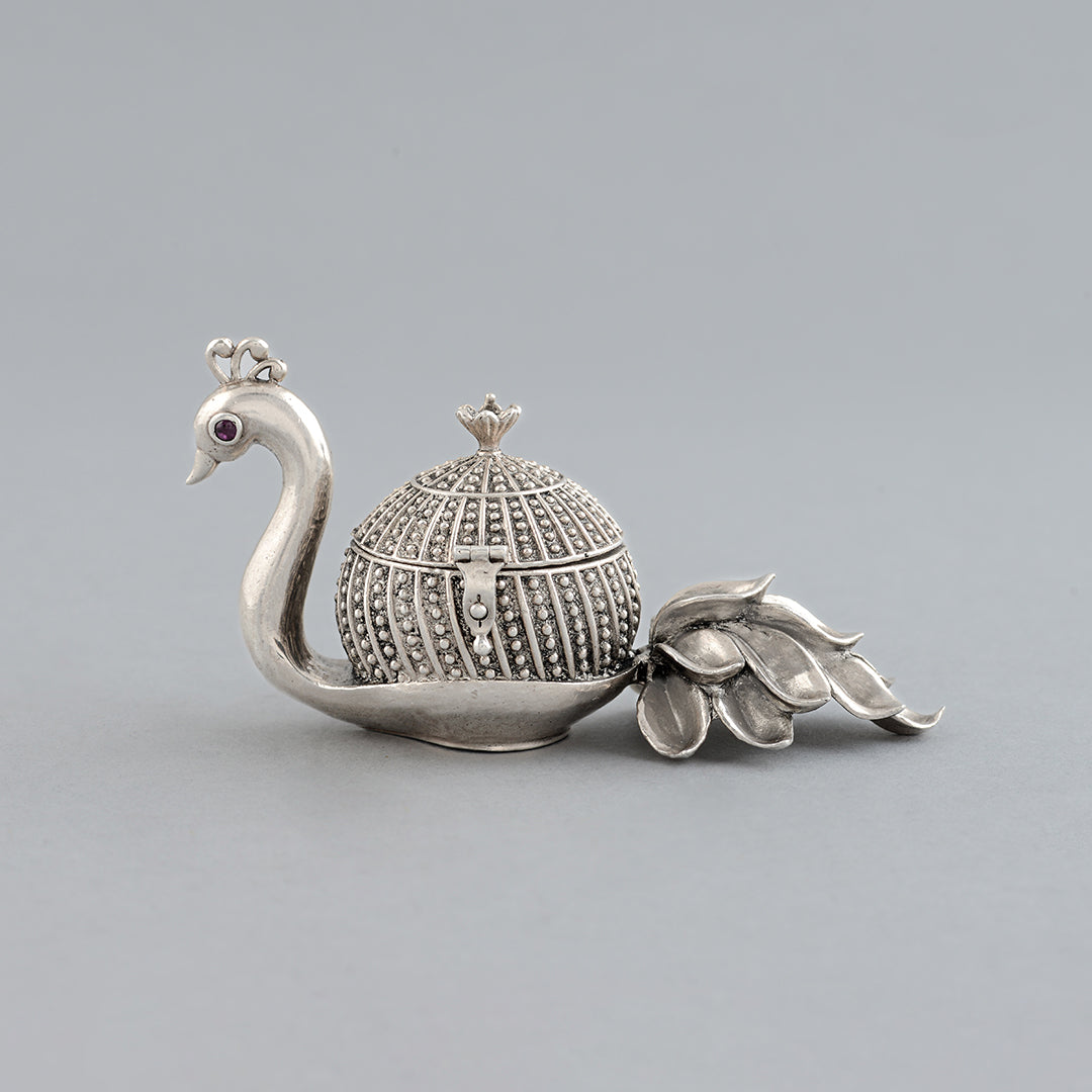 Silver KumKum Box With Peacock theme - Krishna Jewellers Pearls and Gems