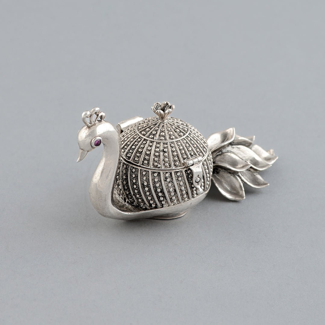 Silver KumKum Box With Peacock theme - Krishna Jewellers Pearls and Gems