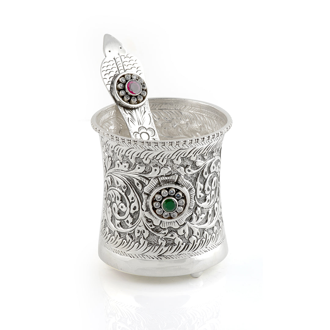 Elegant Silver Floral Themed Panchapatra with Utharni - Krishna Jewellers Pearls and Gems