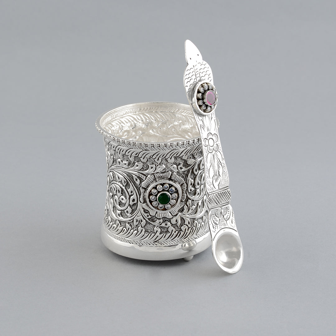 Elegant Silver Floral Themed Panchapatra with Utharni - Krishna Jewellers Pearls and Gems