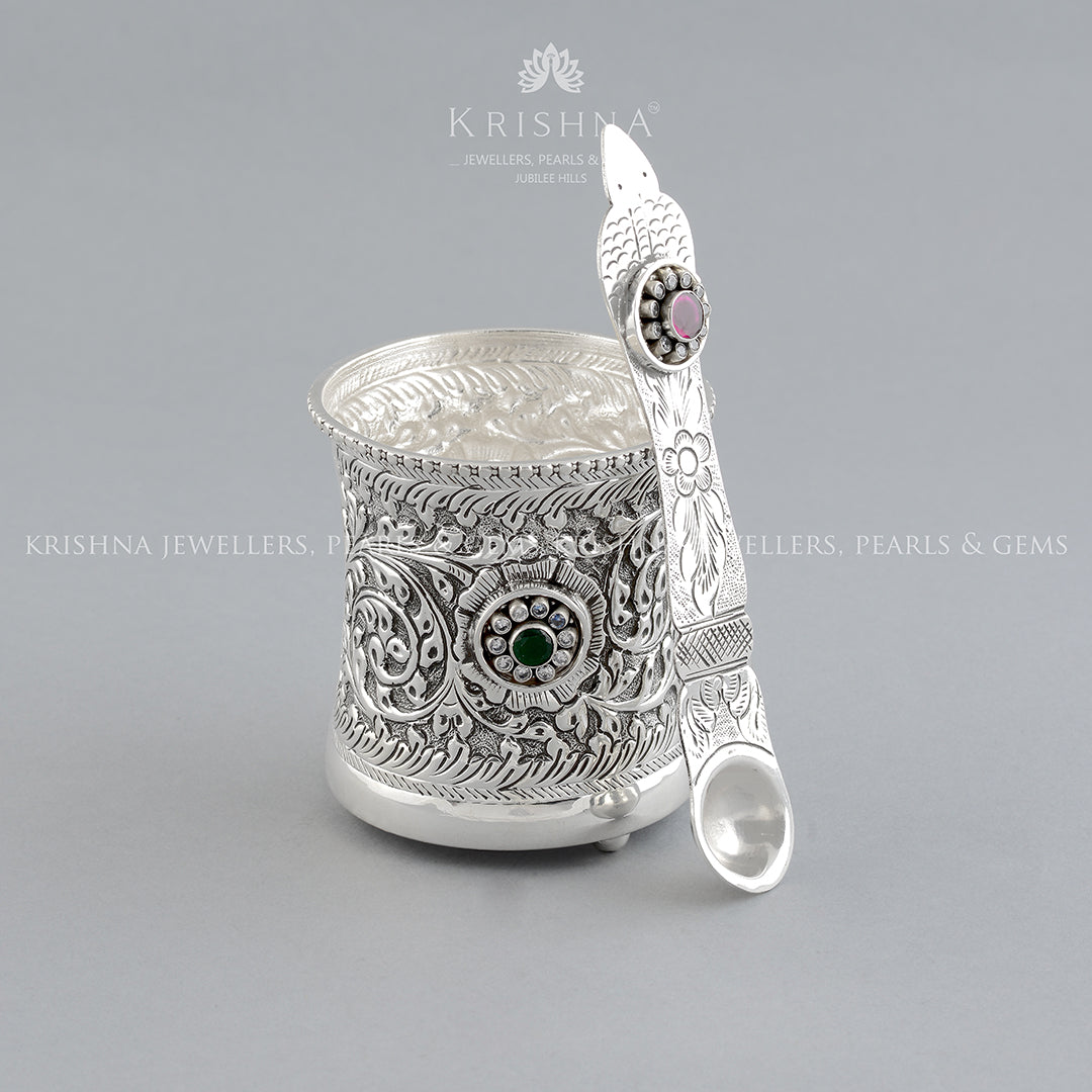 Elegant Silver Floral Themed Panchapatra with Utharni - Krishna Jewellers Pearls and Gems