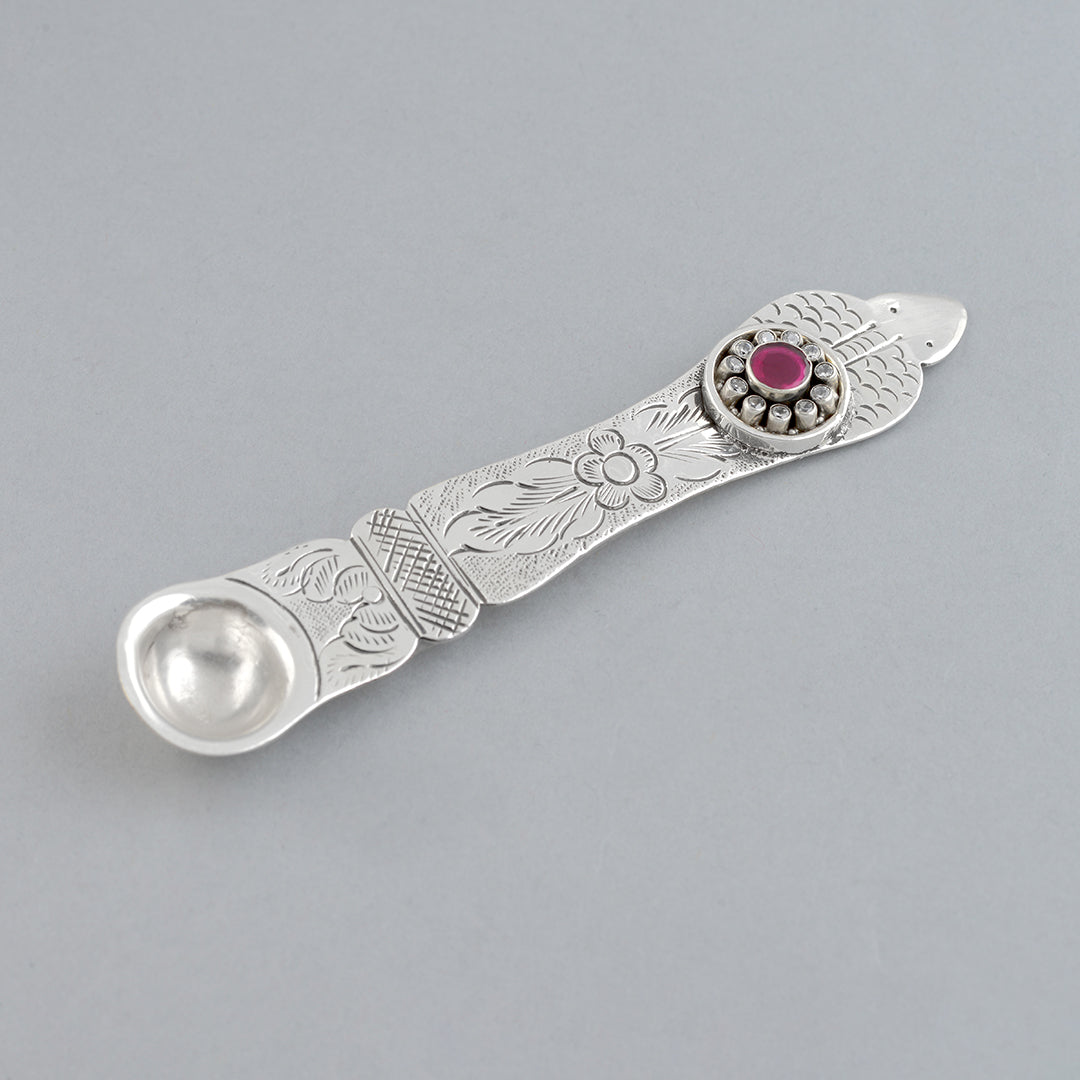 Elegant Silver Floral Themed Panchapatra with Utharni - Krishna Jewellers Pearls and Gems