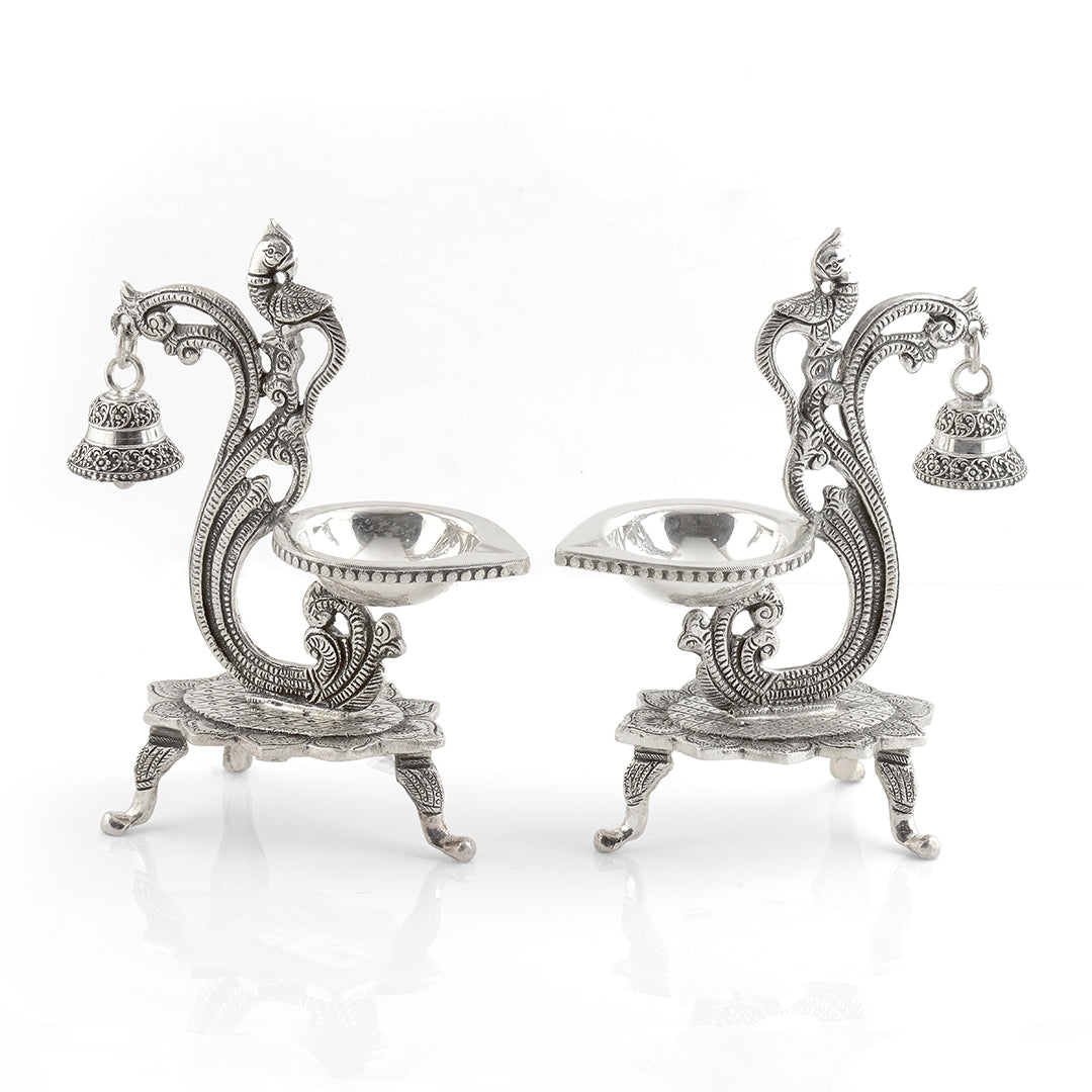 Silver Peacock Deepam Stand with Hanging Bell - Krishna Jewellers Pearls and Gems