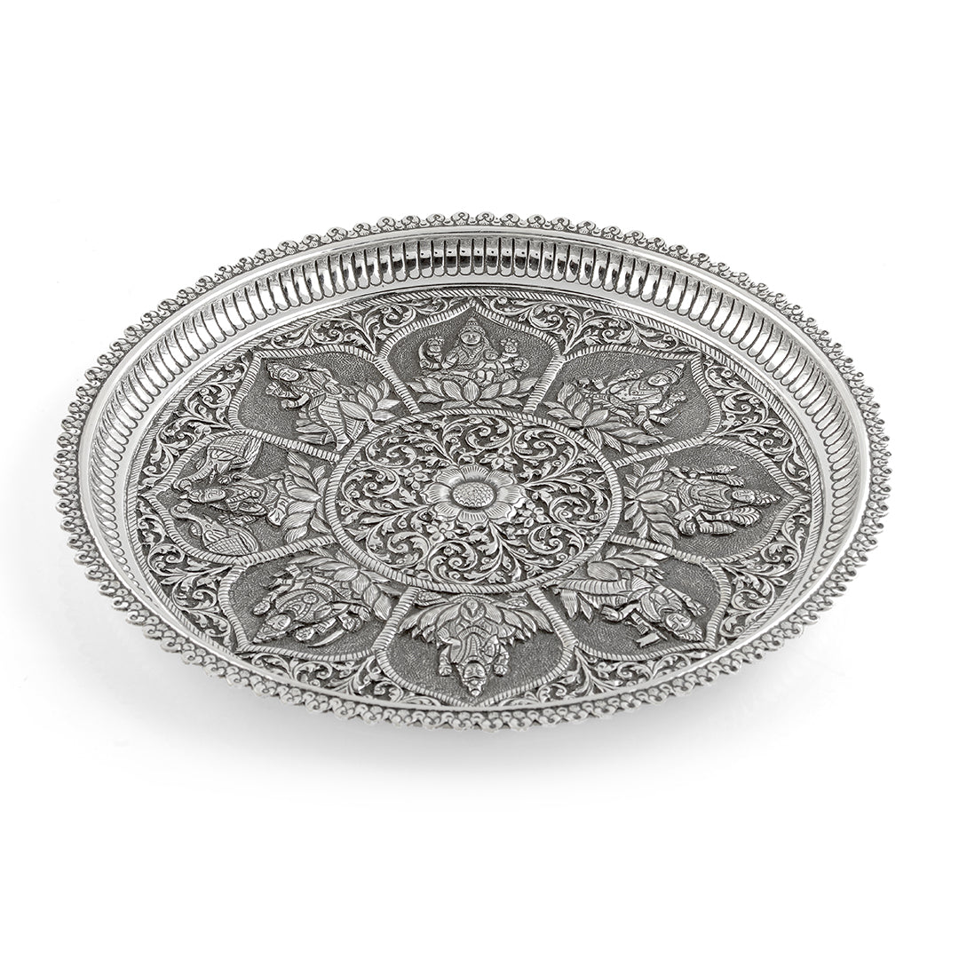 Silver Floral Antique Pooja Plate - Krishna Jewellers Pearls and Gems