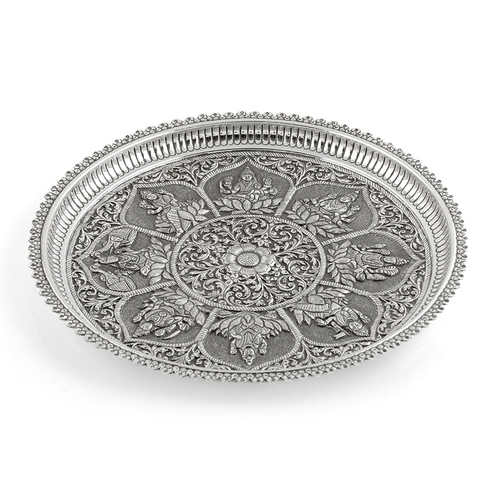 Silver Floral Antique Pooja Plate - Krishna Jewellers Pearls and Gems