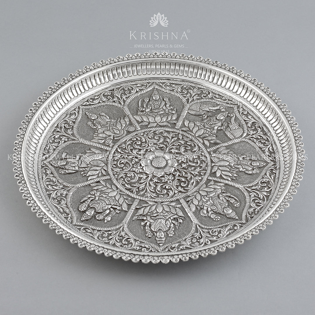 Silver Floral Antique Pooja Plate - Krishna Jewellers Pearls and Gems