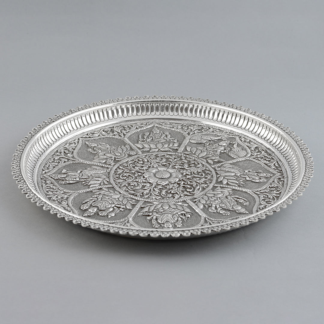 Silver Floral Antique Pooja Plate - Krishna Jewellers Pearls and Gems