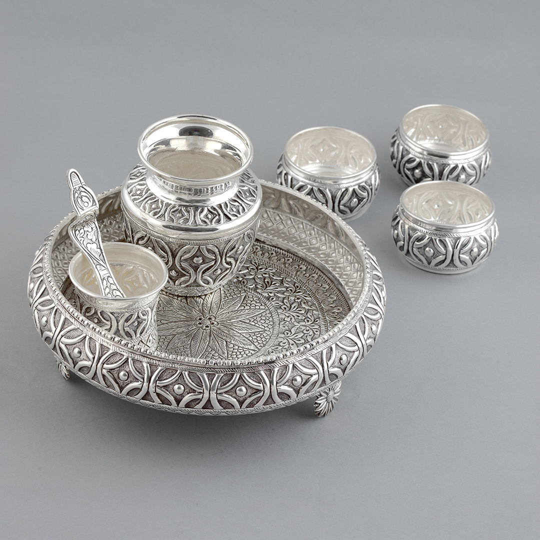 92.5 Pure Silver Pooja Thali Set - Krishna Jewellers Pearls and Gems
