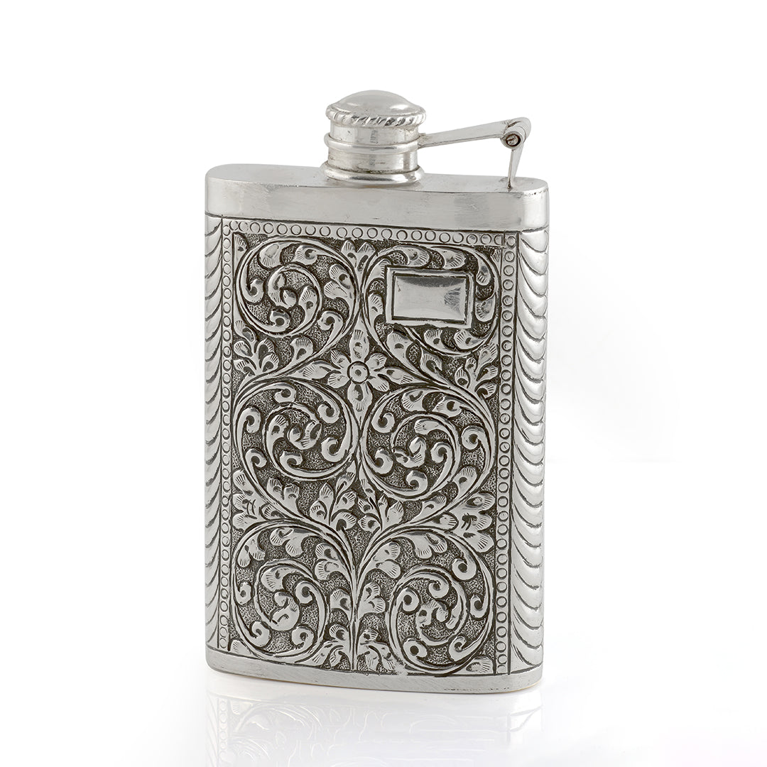 Classic Silver Antique Floral Design Hip Flask Alcohol Drink Bottle - Krishna Jewellers Pearls and Gems