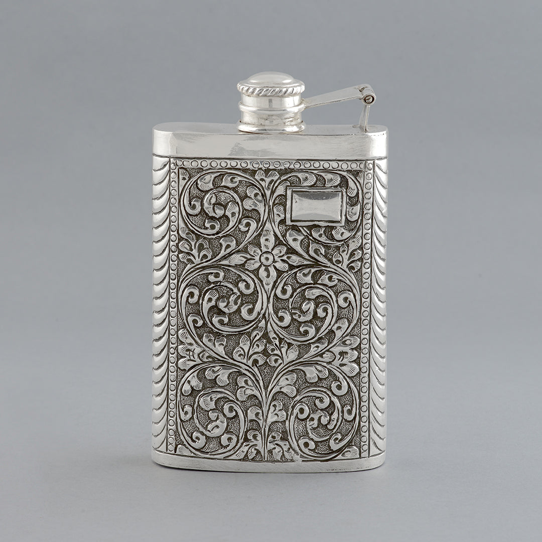 Classic Silver Antique Floral Design Hip Flask Alcohol Drink Bottle - Krishna Jewellers Pearls and Gems
