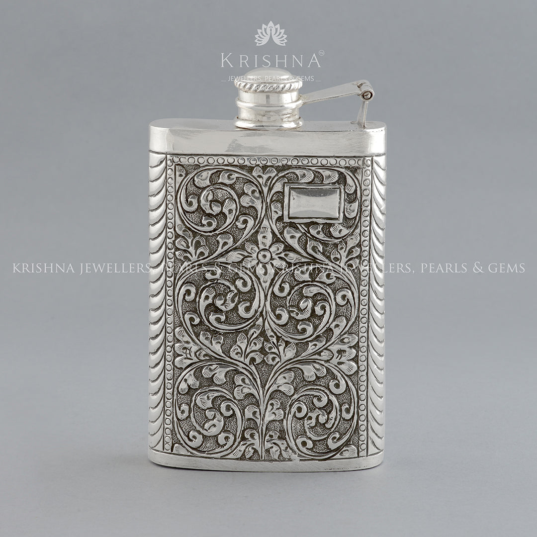 Classic Silver Antique Floral Design Hip Flask Alcohol Drink Bottle - Krishna Jewellers Pearls and Gems
