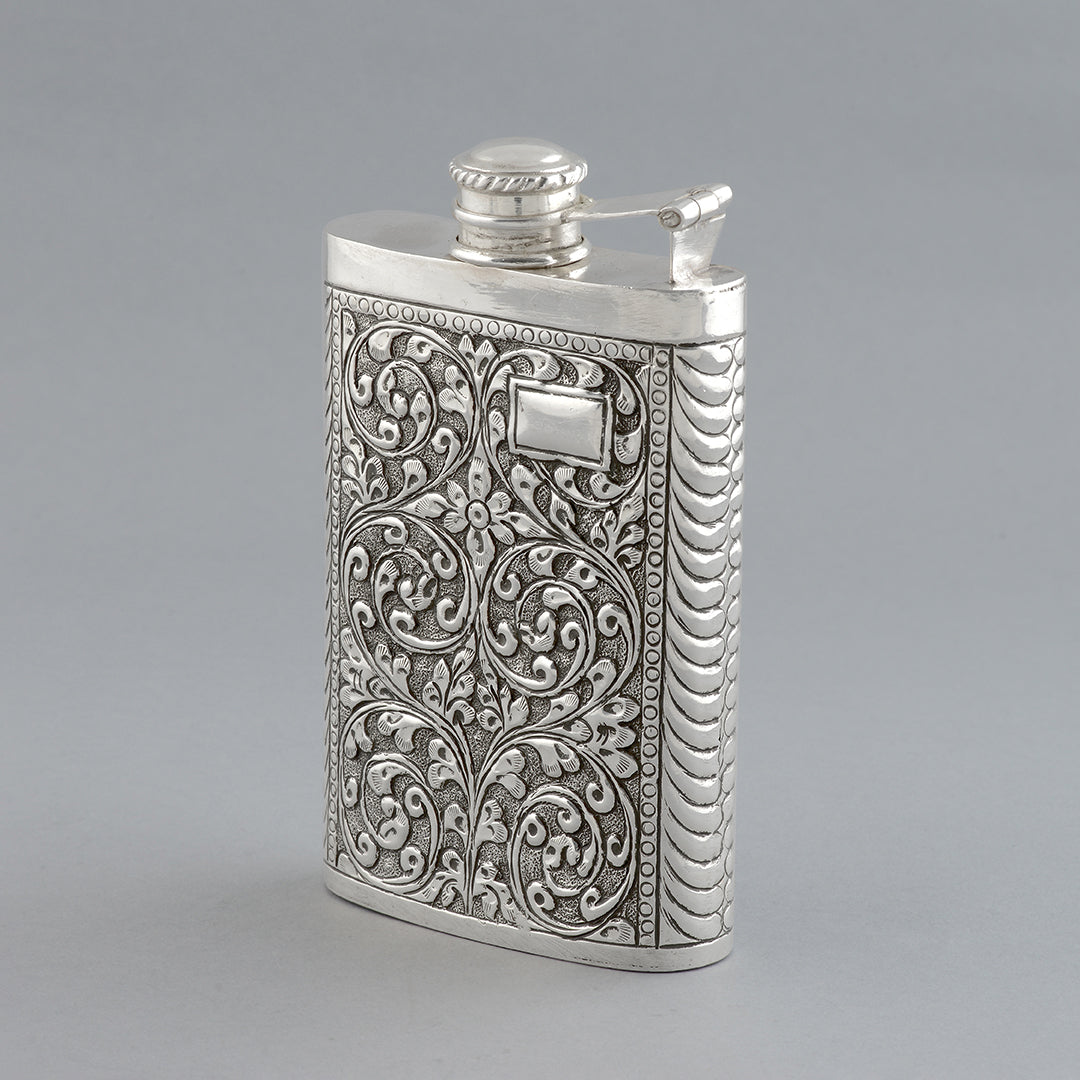 Classic Silver Antique Floral Design Hip Flask Alcohol Drink Bottle - Krishna Jewellers Pearls and Gems