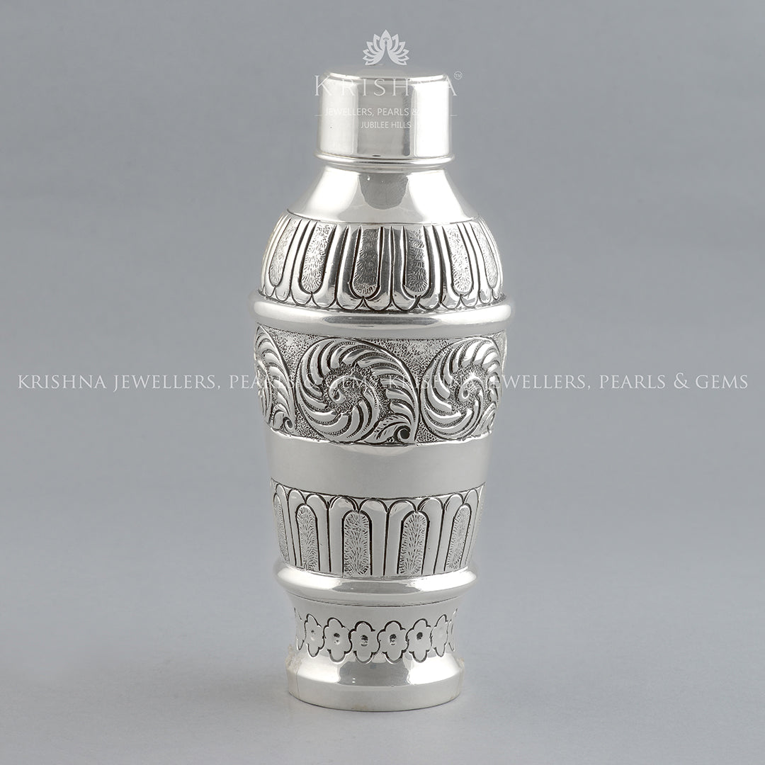 Silver Water Bottle with Floral Motif - Krishna Jewellers Pearls and Gems