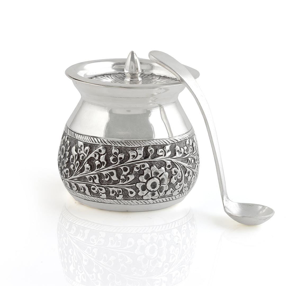 Silver Floral Antique Ghee Pot - Krishna Jewellers Pearls and Gems