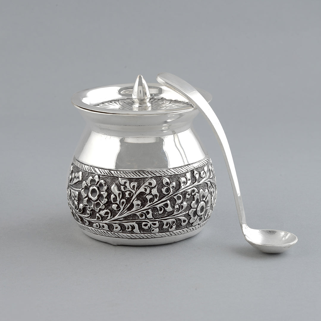 Silver Floral Antique Ghee Pot - Krishna Jewellers Pearls and Gems
