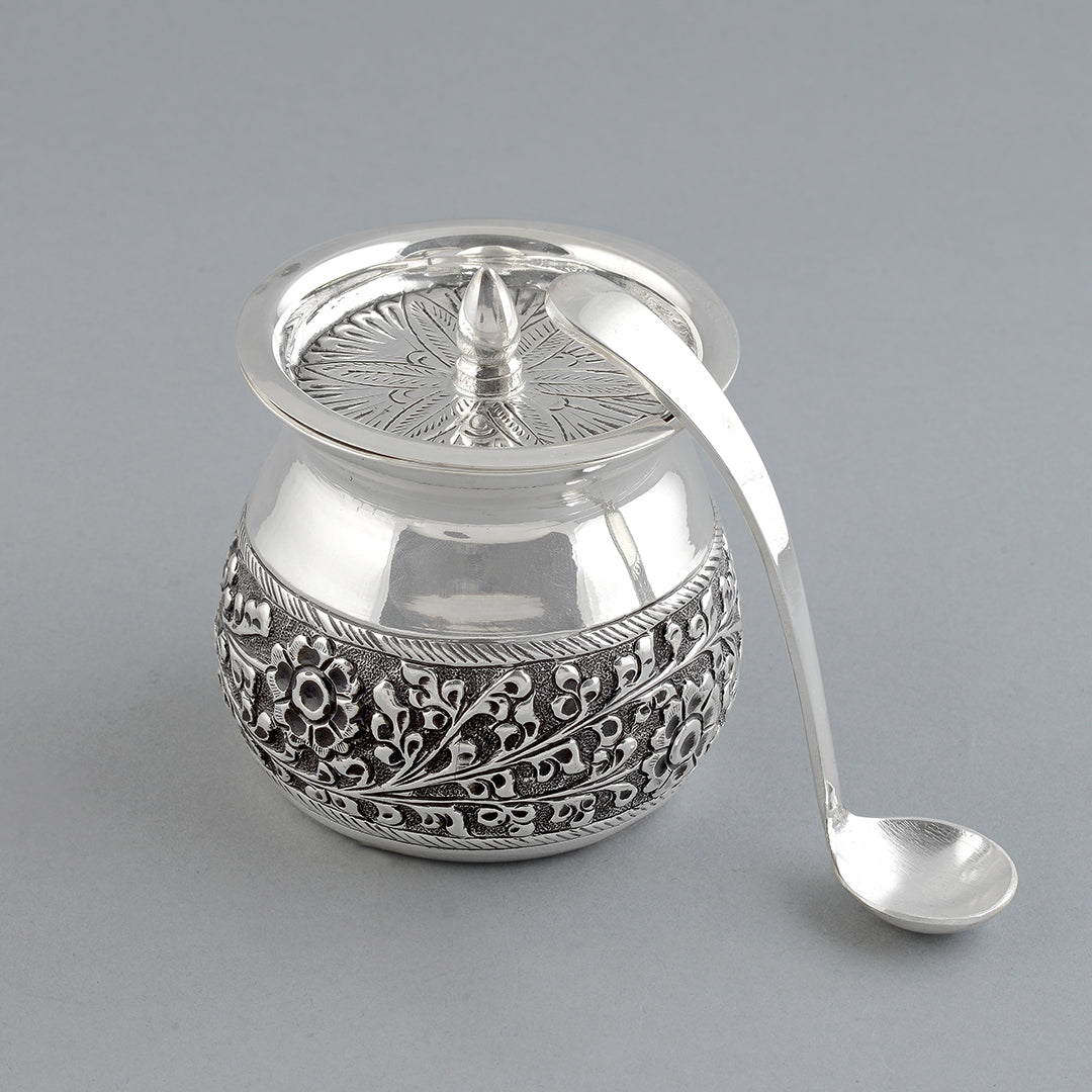 Silver Floral Antique Ghee Pot - Krishna Jewellers Pearls and Gems