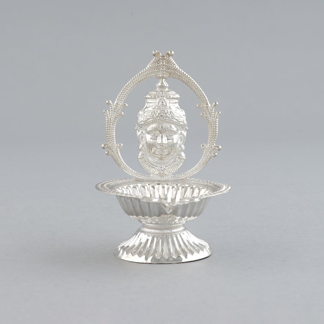 Silver laxmi themed deepam stand - Krishna Jewellers Pearls and Gems