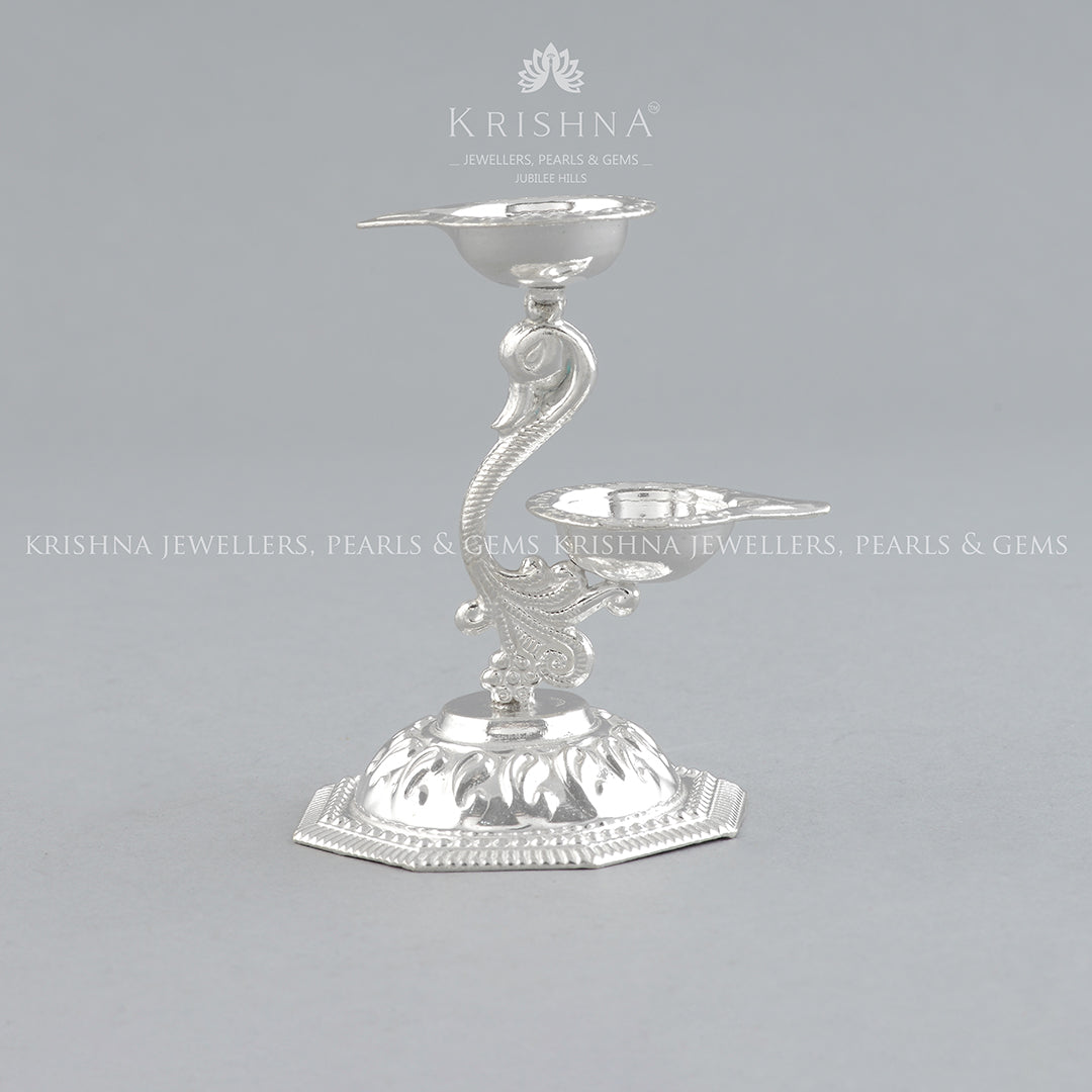 Silver Peacock Deepam Stand - Krishna Jewellers Pearls and Gems
