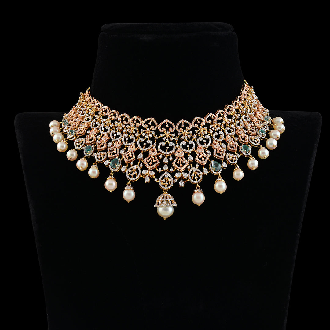 Diamond Emerald Pearl Choker - Krishna Jewellers Pearls and Gems