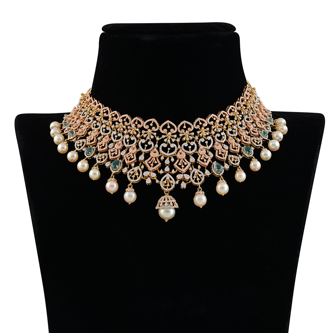 Diamond Emerald Pearl Choker - Krishna Jewellers Pearls and Gems