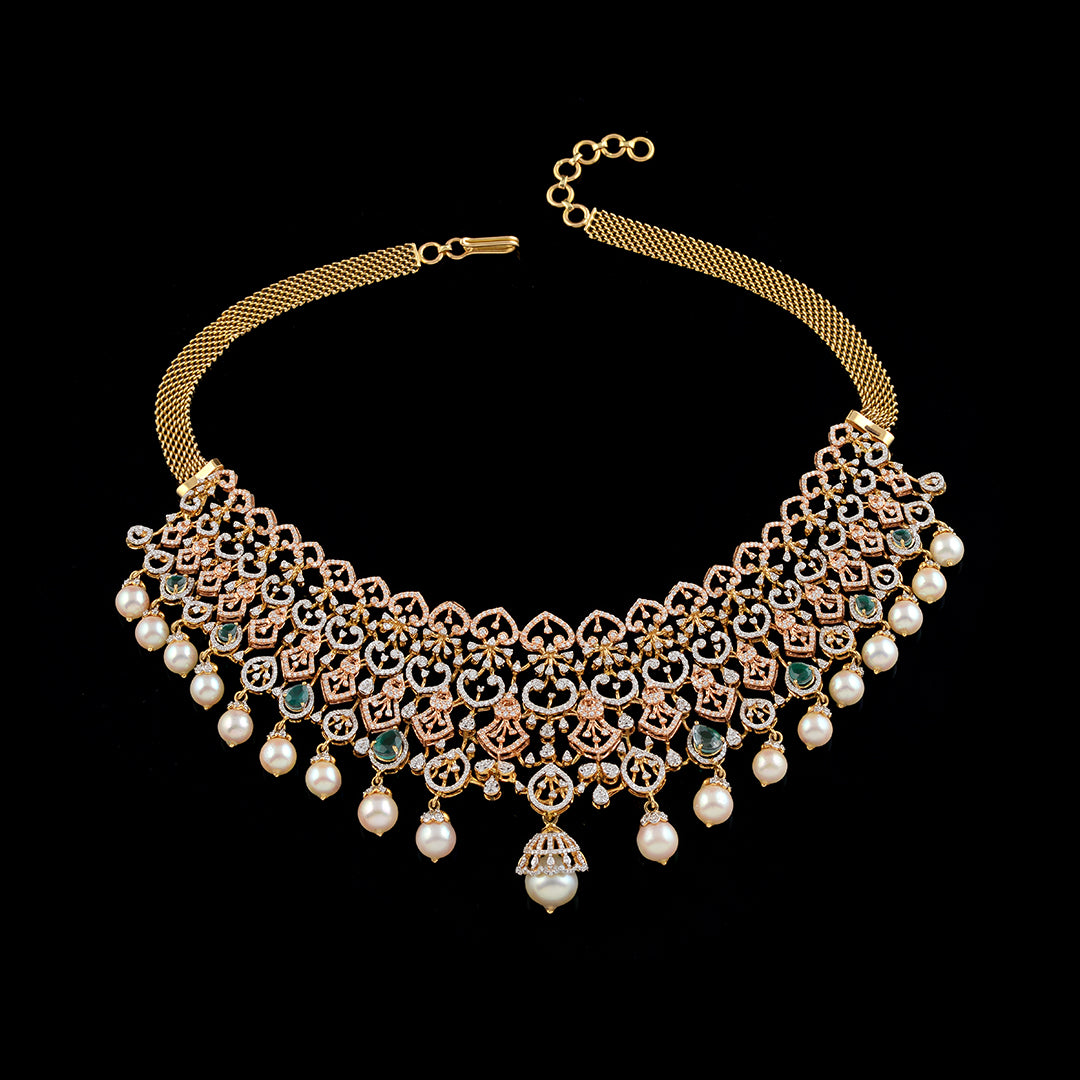 Diamond Emerald Pearl Choker - Krishna Jewellers Pearls and Gems