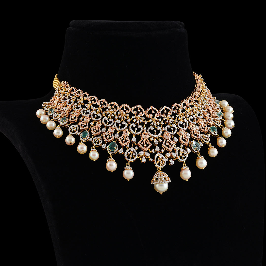 Diamond Emerald Pearl Choker - Krishna Jewellers Pearls and Gems