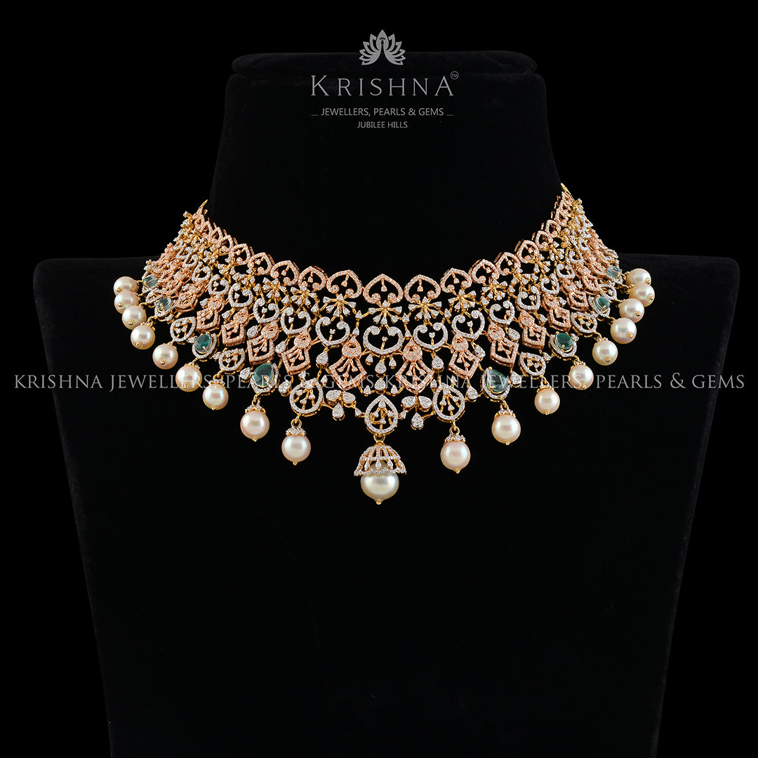 Diamond Emerald Pearl Choker - Krishna Jewellers Pearls and Gems
