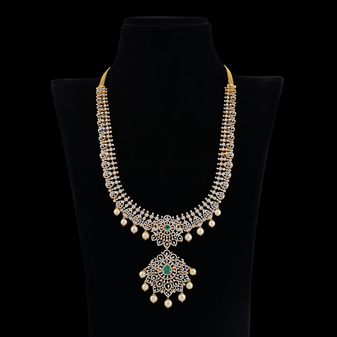 Diamond Hanging Pearl Long Haram - Krishna Jewellers Pearls and Gems