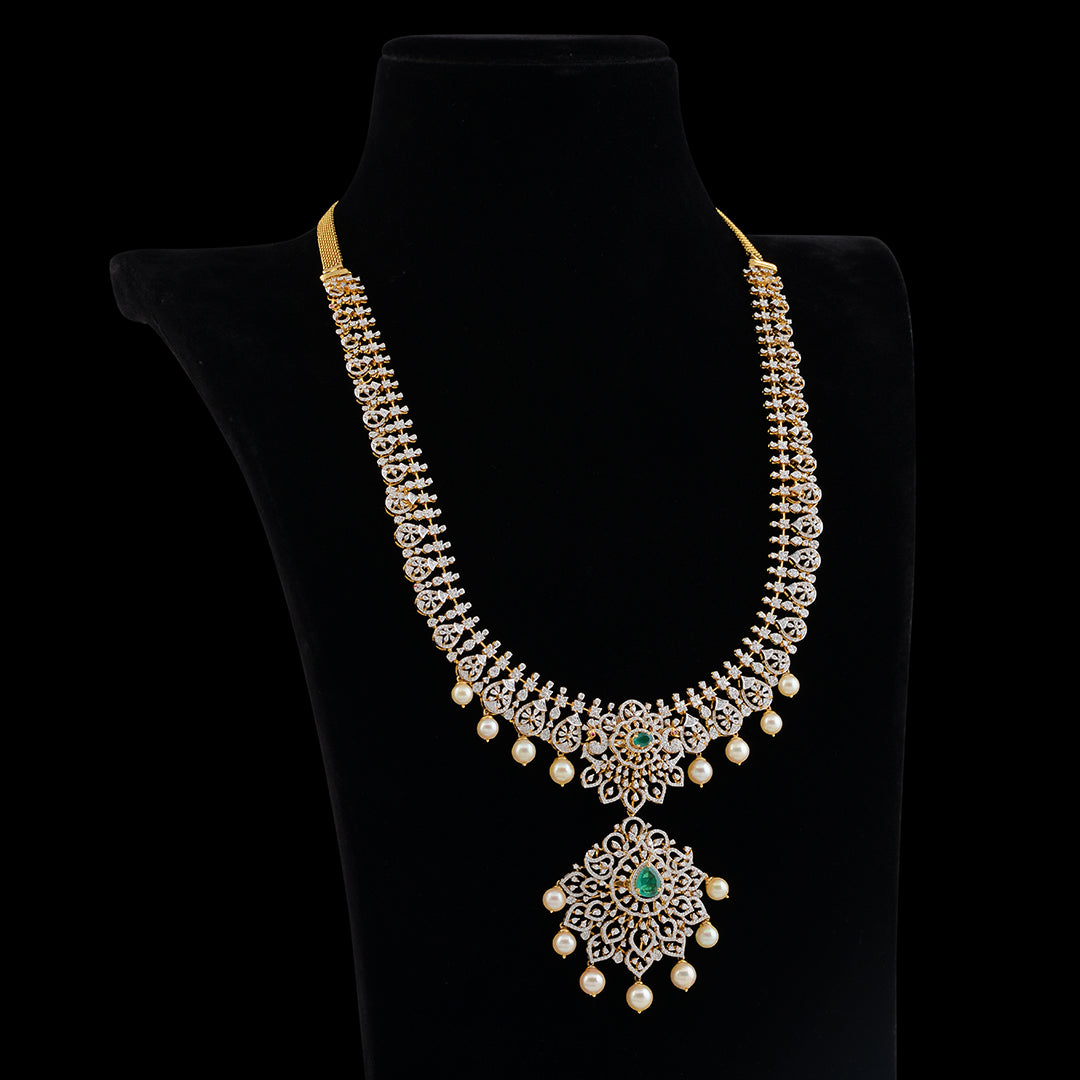 Diamond Hanging Pearl Long Haram - Krishna Jewellers Pearls and Gems