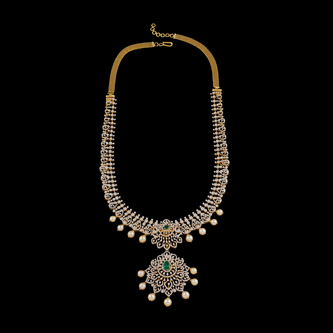 Diamond Hanging Pearl Long Haram - Krishna Jewellers Pearls and Gems
