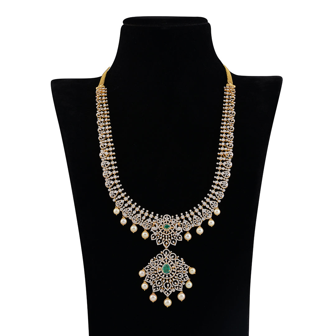 Diamond Hanging Pearl Long Haram - Krishna Jewellers Pearls and Gems